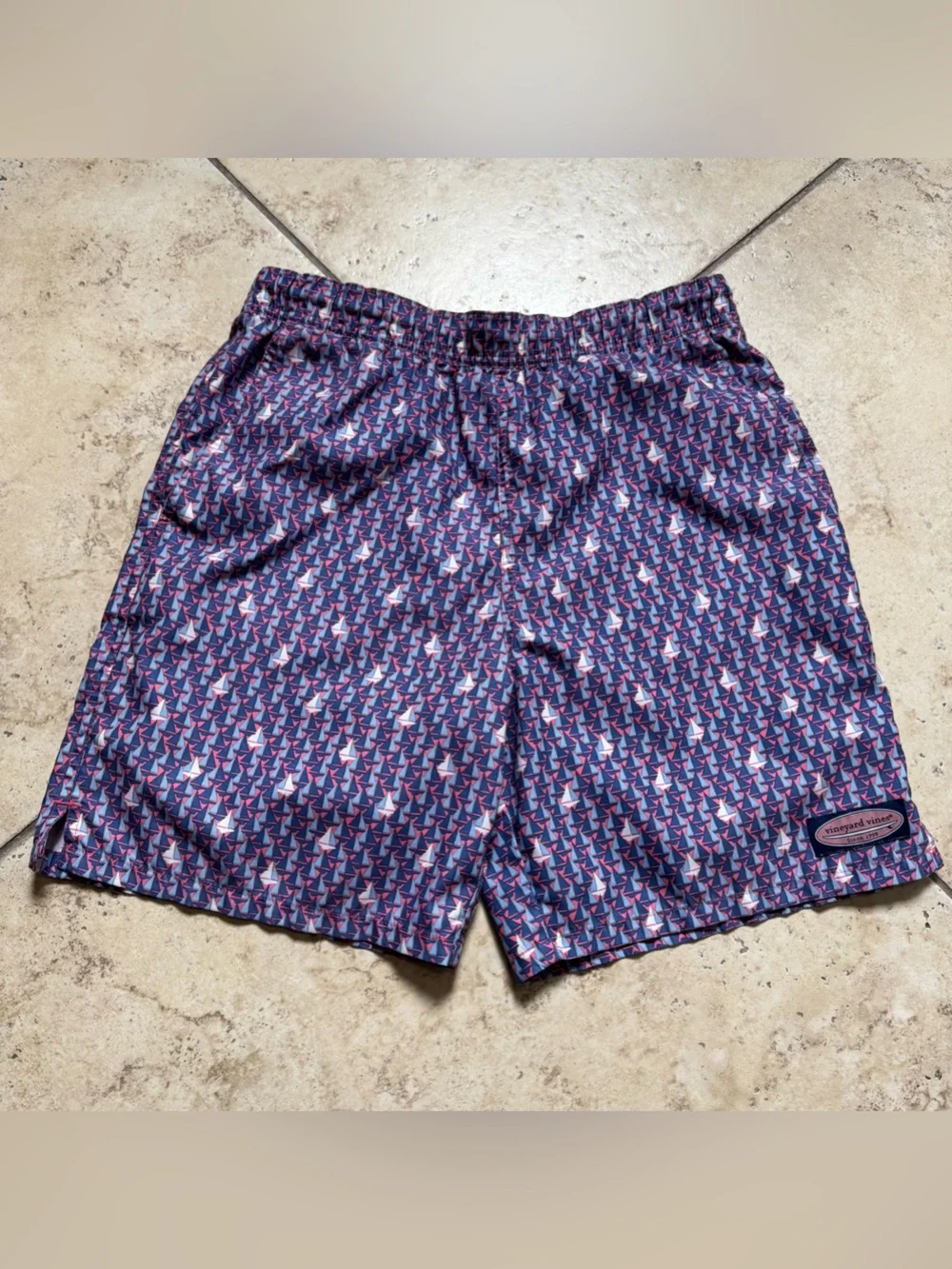 Vineyard Vines Navy, Pink & White Sailboat Print Swim Trunks